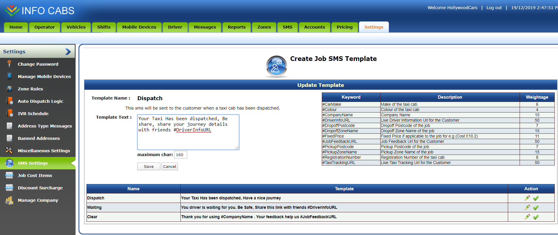 Web admin SMS Settings screen with the Dispatch template containing #DriverInfoURL